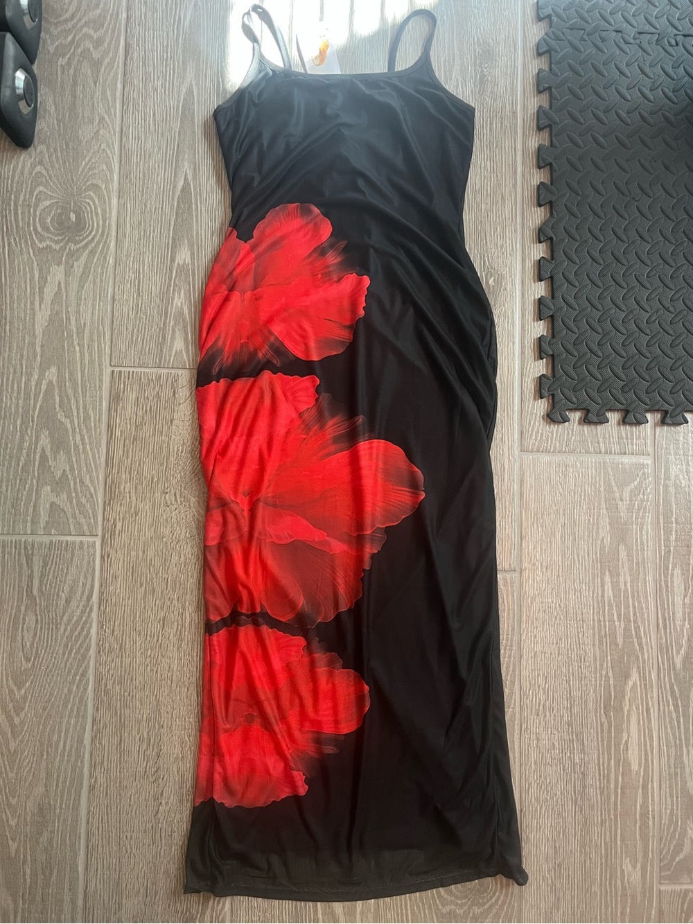 Black Slip Dress with Red Floral Print